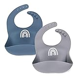 2er Silikon Lätzchen Fütterlätzchen Baby mit Auffangschale für Mädchen Junge, verstellbar, leicht, weich, wasserdicht blau und grau