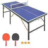 muenfly Tischtennisplatte Outdoor und Indoor - Klappbar mit Netz - Komplett-Set inkl. Tischtennisschläger-Set und Bällen - 6-Bein-Design mit Blauer Spielfläche