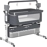 Dziranam Beistellbett Baby, Stubenwagen Baby mit Rollen, Atmungsaktives Netzgewebe,Matratze & Moskitonetz,Sicheres und Stabiles Design, Babybett mit 5 Schaukelmodi(Grau)
