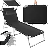 tectake® Sonnenliege mit Dach, Strandliege klappbar, leichte Gartenliege, Outdoor Liegestuhl mit Verstellbarer Rückenlehne, inkl. Kopfkissen - ideal für Balkon, Terrasse, Camping, Strand - schwarz