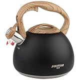 Poliviar Moderne Wasserkessel Induktion Pfeifkessel aus Edelstahl, Teekessel für alle Kochplatten, Flötenkessel mit Holzgriff, Wasserkocher für Tee Kaffee, ca 2.7L, Schwarz (JX2018-WB20-DE)
