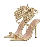 Meaunzyl Sandalen für Damen, Sommer, elegant, Brautschuhe, Hochzeit, Slingback-Sandalen, Knöchelriemen, sexy, offen, mit Schnürsenkeln, hohe Absätze, für Party, Hochzeit, Abendschuhe, gold, 39 EU