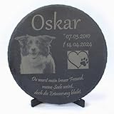 LaBiGra Schiefer Gedenktafel Tiergrabstein mit Laser-Gravur personalisiert - Individuelles Foto & Text - 20 cm Durchmesser- inkl. Ständer