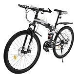 Charocean Mountainbike 26 Zoll Herren Fahrrad 21 Gang Schaltung Klapprad MTB mit Schutzblech & Vollfederung, Fahrräder mit Scheibenbremse, Fahrrad für Herren und Damen (Speichen Räder, Schwarz+Weiß)