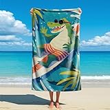 Strandtuch mit Surf-Krokodil-Motiv, wasserdicht, sanddicht, mit Wellenreiter, Krokodil-Design, großes Baumwoll-Strandtuch für Kinder, 2140 x 70 cm