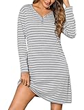 Bresdk Nachthemd Damen Langarm Winter Lang Baumwolle Nachtwäsche Schlafshirt mit V-Ausschnitt und Langen Ärmeln Gestreifte Sleepshirt hellgrau XXL