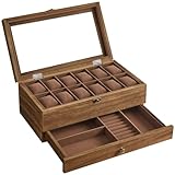 SONGMICS Uhrenbox mit 12 Fächern, Uhrenkasten aus Massivholz, mit Glasdeckel, Uhrenkissen, Schmuckaufbewahrung, Geschenk für Ihre Liebsten, walnussfarben JOW012K01