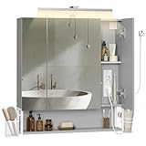 VASAGLE Badezimmerschrank mit LED-Beleuchtung, 16,5 x 70 x 75 cm, Steckdosen, Hängekorb, Haartrockner-Halter, Spiegelschrank, Badschrank, Wandschrank, für Badezimmer, wolkenweiß-Taubengrau BBK126G01