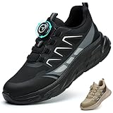 BAXIWUY Sicherheitsschuhe Herren Arbeitsschuhe Damen Sportliche Leicht Atmungsaktiv Schnürsenkel Schnellverschluss Drehverschluss Stahlkappenschuhe, Schwarz, 45 EU