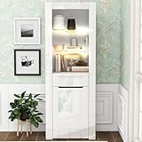 Merax Vitrine mit LED-Lichtern, Vitrinenschrank mit 1 Türen und 1 Schublade, Glasvitrine mit viel Stauraum, Modern Aufbewahrungsschrank Bücherschrank Standvitrine für Wohnzimmer Büro Esszimmer, Weiß