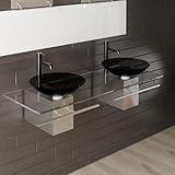 Alpenberger Glas Waschschale Doppelwaschtisch | 2 Aufsatzbecken Rund Schwarz auf Waschtischplatte & Edelstahlkasten | Waschplatz mit Handtuchhalter | Waschbecken Ø 46 cm für Bad & Gäste WC
