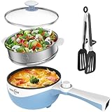 Audecook Elektrische Hot Pot mit Dampfgarer,Elektrische Bratpfanne, Hot Pot Topf 20cm, Antihaft Mini elektropfanne, Multikocher mit Dual Power Control für Wohnheim (G (blau/1,7 l mit Dampfgarer))