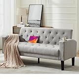 GRAVFORCE Sofa 2 Sitzer Couch mit 2 Ladeports und 2 Becherhaltern 157cm 2er Sofa Klein für Jugendzimmer, Wohnzimmer, Wohnung, Büro, Einfache Montage Stoff Hellgrau