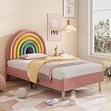 BTM Kinderbett 90 x 200 cm mit Lattenrost, gepolstertes Bett Plattform mit höhenverstellbarem Kopfteil, Regenbogen-Design, für Mädchen, Samt, Rosa (ohne Matratze)