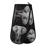 Lange Doppel-Ofenhandschuhe, afrikanisches Tier, Elefant, schwarz, hitzebeständig, gesteppt, Küchenhandschuhe mit Schlaufe, waschbar, für Mikrowelle, Kochen, Backen, Grillen, 17,8 x 88,9 cm