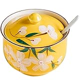 FülleMore Keramik Gewürzdose Gewürzgläser 300ml Zuckerdose mit Deckel und Löffel süße Blumenmuster Salztopf Aufbewahrungsdose für Küche Esstisch (Gelb)