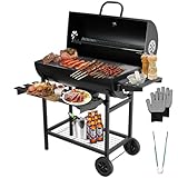 TEENO Grill Grillwagen Holzkohlegrill mit Deckel,Ascheschublade,Thermometer,Transportrollen, Verbrühschutzhandschuhe,Holzkohle kohlegrill mit Seitenablage,Wagen groß Kohle BBQ Barbeque,105,5x85x118cm