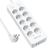 Mehrfachsteckdose mit 2 USB-A and 2 USB-C (20W PD), 10 Fach Steckdosenleiste mit Einzeln Schalter, Steckdosenleiste überspannungsschutz, 2M Steckerleiste, Mehrfachstecker für Hause,Büro, Weiß