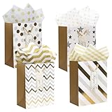 4 Stück Geschenktüten, Geschenktüten mit Henkel, Weiß Gold Geschenktüte mit Schleifenbändern Geburtstag 23x18x10 cm, Geschenktüte 4 Muster für Geschenke Einkaufen Party Hochzeit