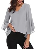 Gyabnw Damen Chiffon Bluse Volantärmeln Tunika 3/4 Arm Elegant Chiffontunika Festlich Chiffon Bluse V Ausschnitt Oberteill mit Trompetenärmeln Grau XL