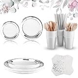Vexillic Partygeschirr, 200 Stück Pappteller Set, ​Papier Geschirr Set Partyzubehör Einschließlich Messer Holz Gabel Löffel Teller Becher Servietten für 25 Gäste (Silber)