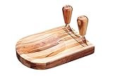 KitchenCraft Natural Elements Wiegemesser mit Schneidebrett, traditionelles doppelschneidiges Mezzaluna Messer, Akazienholzbrett mit Messerhalter und Vertiefung zum Zerkleinern, 14 x 18 x 25cm