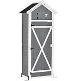 Outsunny Gartenschrank Holz Gerätehaus mit Tür Dach Geräteschuppen mit Hacken Gartenlagerschrank Faltbarer Tisch Outdoor Grau 78 x 52,5 x 182 cm