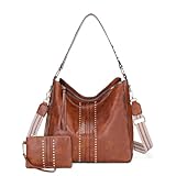BAIGIO Handtasche Damen Leder PU Umhängetasche Shopper Hobo Taschen Groß Schultertasche Leder PU Tote Laptop Tasche Damentasche Henkeltaschen Tragetasche Geldbörse Einkauf Reise 2PCS Braun