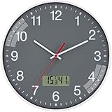 NESIFEE Wanduhr ohne tickgeräusche geräuschlos lautlos groß 30 cm leise ohne Ticken Grau Uhr Wand LCD mit digitaler Kalender und Temperaturanzeige Thermometer küchenwanduhr Wohnzimmer Badezimmer