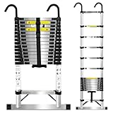 Brstheco 6.3m Teleskopleiter,Edelstahl Teleskopleiter 6m,Leiter Ausziehbar Mit Stabilisator und Abnehmbaren Haken, Mehrzweckleiter, Für Ladder for Mounting Deckenarbeiten 150kg Tragfähigkeit, Silber