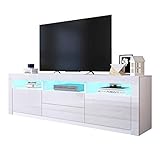 BESTWANTED TV Sideboard Wohnzimmer, Modernes Hochglanz Lowboard Weiß mit 2 Türen & 2 Schubladen, TV Schrank mit Offenen Regalen für Schlafzimmer & Wohnmöbel, 160x35x60 cm