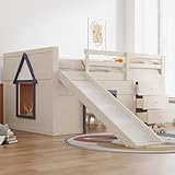 NovaFurnish 140 x 200cm niedriges Hochbett mit Rutsche, DREI Schubladen und Zwei Türen, Creme