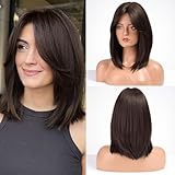 HAIRCUBE Damen Perücke 16 Zoll Dunkelbraune Perücke Damen Vorhang Pony Frauen Perücken Synthetische Perücke mit Bangs Welle Perücke für Täglich und Cosplay