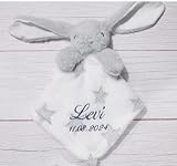 BotoBaby® - Schmusetuch mit Namen und Geburtsdatum - Kuscheltuch - (Grau - Hase - Sternen)