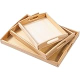 Budesoko 3 Pcs hölzerne Serviertablett mit Griffen, rechteckige Vintage Tabletts für die Platzierung von Lebensmitteln, Tee, Kaffee, Frühstück, Wohnzimmer, Küche, Primärfarbe