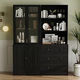 VOWNER 5-stöckiges Bücherregal mit Glastüren, 180 cm Vitrinenschrank, Küchenschränke, Küchenschrank Hochschrank, Buffetschrank für Küche, Wohnzimmer, Esszimmer, 2PCS (Schwarz)