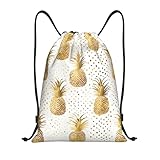 Gold Glitter Ananas Fruit Titel: Leichter Seesack mit Kordelzug, wasserabweisend, faltbar, mit verstellbarem Schultergurt, ideal für Sport, Yoga, Reisen und Schule, Schwarz , M