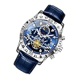 Herren-Armbanduhr, analog, sportlich, modisch, Leder, wasserdicht, mechanisch, für Geschäftstreffen, im Freien, blau, Refer to description, Uni