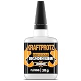 50 g Sekundenkleber extra stark - Inkl. Anti-Austrocknungs-Spitze - KRAFTPROTZ - Flüssiger Superkleber - Universell verwendbar zum Kleben von Plastik, Kunststoff, Glas, Holz, Stein, Metall uvm.
