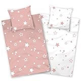 Aminata kids Bettwäsche 135x200 Sterne rosa weiß Baumwolle Stern-Motiv, Reißverschluss weich & atmungsaktiv, Sommer-Bettwäsche-Set Damen Mädchen - Wendebettwäsche