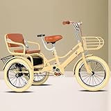 Tandem-Dreiräder mit Rücksitz, Rücksitz mit Gurt, Doppelbremse, Aufsitzdreirad mit Pedalen, Vorder- und Hinterkorb, 3-Rad-Fahrrad, Sattel und Lenker höhenverstellbar