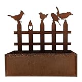 Storm's Gartenzaubereien Pflanzkasten Metall Edelrost - 35,5cm - Deko Blumenkasten mit Zaun - Vögeln - Pflanztopf eckig - Rostdeko für Außenbereich - Gartendeko Rostoptik