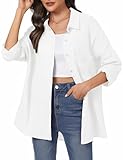 Aottori Musselin Bluse Damen Elegant 100% Baumwolle Longbluse Langarm Modern Oberteile Hemd Lose Langarmshirt Blusenshirt Hemdbluse Tuniken Tops Weiß L