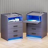 TAGELIER Nachttisch 2er Set mit Ladefunktion, LED Nachttisch mit RGB-Licht und menschlichem Sensor-Design, Bedside Table mit 3 Schubladen für Schlafzimmer Wohnzimmer Büro, Grau