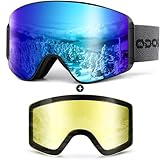 Odoland Skibrille für Damen und Herren Jungen Ski Goggles Anti-Fog UV-Schutz mit Magnetische Wechselglas Snowboardbrille Helmkompatible zum Snowboard Skifahren Schwarz Blau