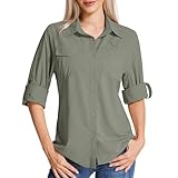 Yenwits Hemdbluse Damen UPF 50 UV Schutz Langarmshirt Atmungsaktiv Quick Dry Safari Kleidung Outdoor Wanderhemd Casual Tops für Reisen Sport Angeln Golf(5081,Grey Green,L)