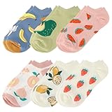 KALIONE 6 Paar Lustige Sneaker Socken Damen Niedliche Kurz Söckchen Mädchen mit Früchten Bedruckt Süße Socken, Lässige Baumwollsöckchen Bunt Kurze Socken
