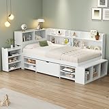 MOBETTRES Kinderbett, Einzelbett, multifunktionales Kinderbett mit Schubladen, Bücherregal und Stauschrank, großer Stauraum, Lattenrost, ohne Matratze (Weiß, 90 * 200 cm)