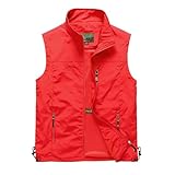 Arbeitsweste Herren Rot, Sommerweste Herren Ärmellose Sommer Leicht Sommerweste Softshell Dünn Sportlich Stepwesteweste Strickweste Ärmellos, Mit Vielen Taschen Gilet Baumwolle Anglerweste Rot, L