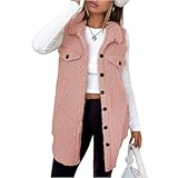 Damen flauschige Sherpa-Fleece-Weste, ärmellos mit offenem Vorderteil und Kragen, Cardigan-Jacke mit Taschen, warme Kunstfell-Außenbekleidung